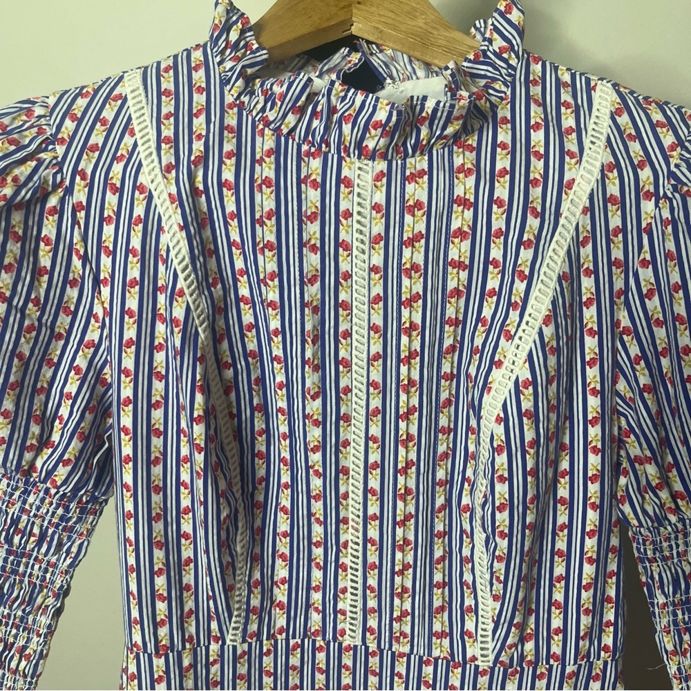 Laura Ashley x Urban Outfitters Floral Mock Neck Smocked Ruffle Mini Dress Sz XS - Picture 7 of 16